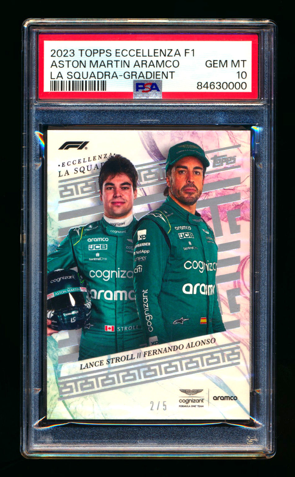 2023 Topps Eccellenza F1 La Squadra Aston Martin Aramco Lance Stroll/Fernando Alonso Gradient Parallel #2/5 PSA 10 - POP 1!