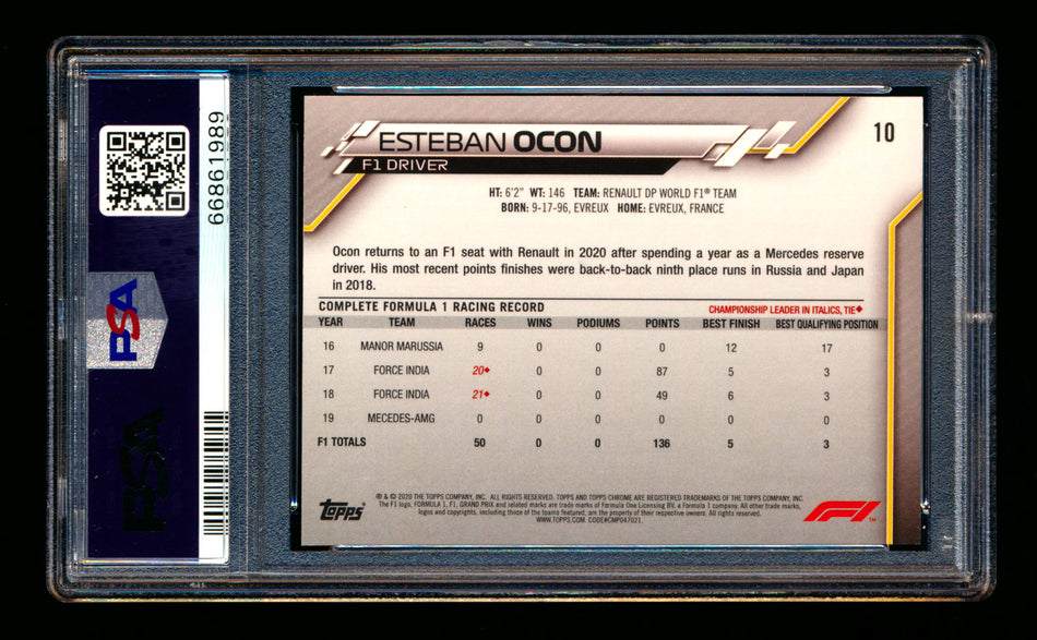 2020 Topps Chrome Sapphire F1 #10 Esteban Ocon RC Refractor Portrait PSA 10 ** (SOLD Nationals - $40.00 - 8/2/2025) **