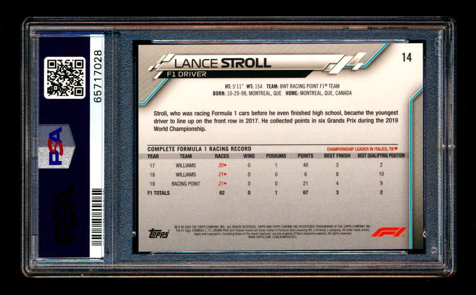 2020 Topps Chrome Sapphire F1 #14 Lance Stroll RC Refractor Portrait PSA 10 ** (SOLD Nationals - $40.00 - 8/2/2025) **