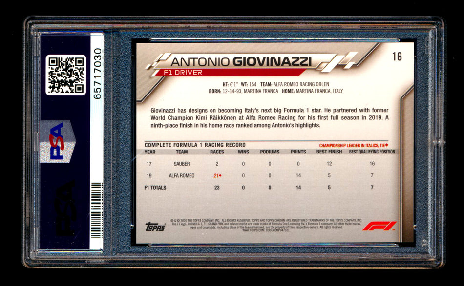 2020 Topps Chrome Sapphire F1 #16 Antonio Giovinazzi RC Refractor Portrait PSA 10 ** (SOLD Nationals - $40.00 - 8/2/2025) **