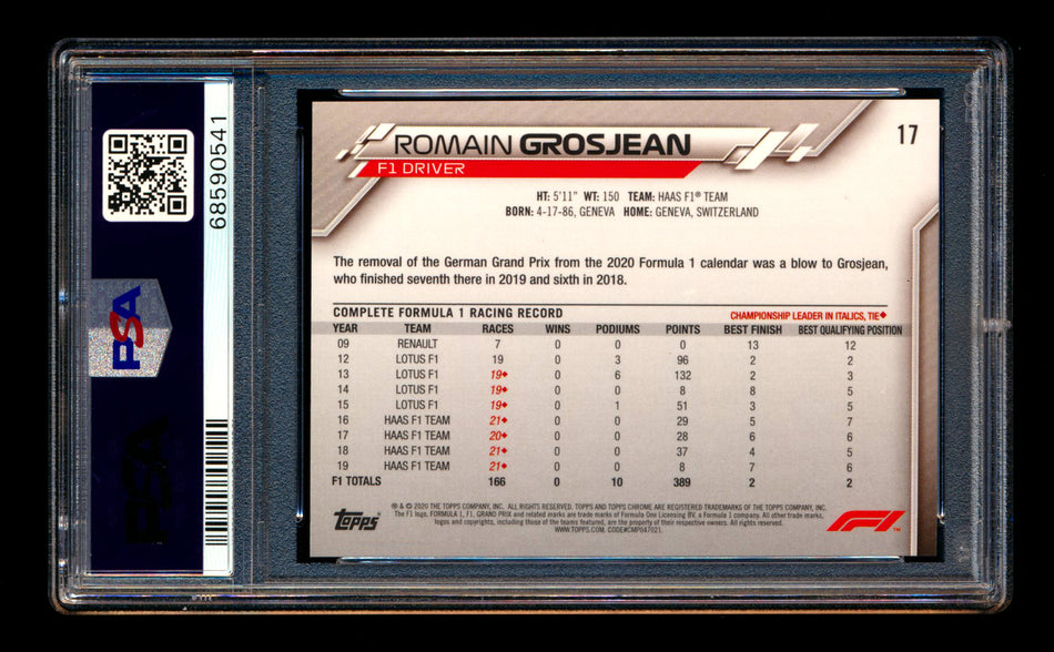 2020 Topps Chrome Sapphire F1 #17 Romain Grosjean RC Refractor Portrait PSA 10 ** (SOLD - $59.00 - 6/22/2025) **