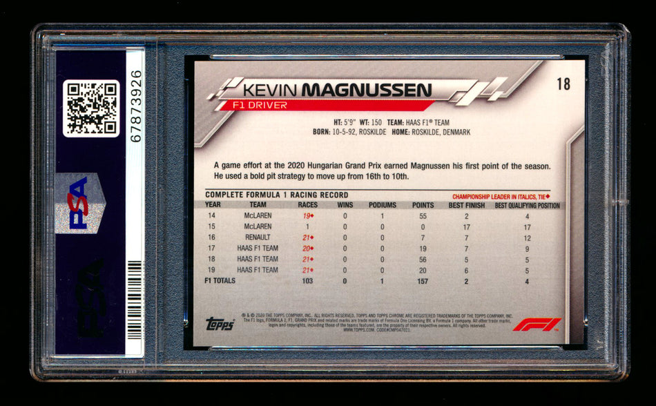 2020 Topps Chrome Sapphire F1 #18 Kevin Magnussen RC Refractor Portrait PSA 10 ** (SOLD Nationals - $50.00 - 8/1/2025) **