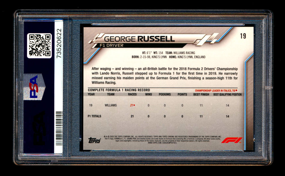 2020 Topps Chrome Sapphire F1 #19 George Russell RC Refractor Portrait PSA 10 ** (SOLD Fanatics Fest - $90.00 - 6/20/2025) **