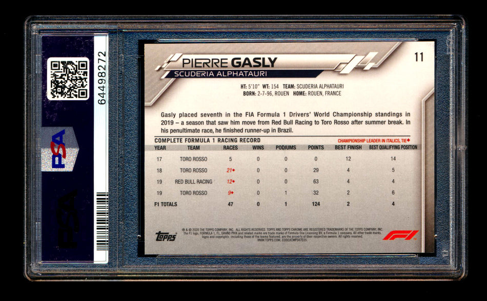 2020 Topps Chrome Sapphire F1 #11 Pierre Gasly RC Refractor Image Variation SP PSA 10 ** (SOLD eBay - $79.00 - 5/31/2025) **
