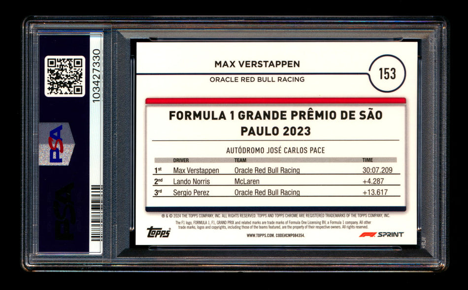2024 Topps Chrome F1 #153 Max Verstappen Orange Checker Flag Refractor #09/25 PSA 9 ** (SOLD eBay - $59.00 - 7/16/2025) **