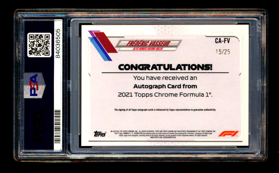 2021 Topps Chrome F1 #CA-FV Frederic Vasseur Orange Refractor Autograph #15/25 PSA 8 DNA 10