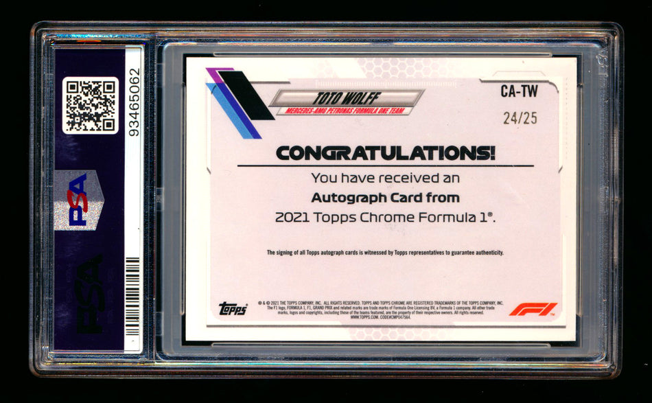 2021 Topps Chrome F1 #CA-TW Toto Wolff Orange Refractor Autograph #24/25 PSA 9 ** (SOLD eBay - $325.00 - 4/21/2026) **