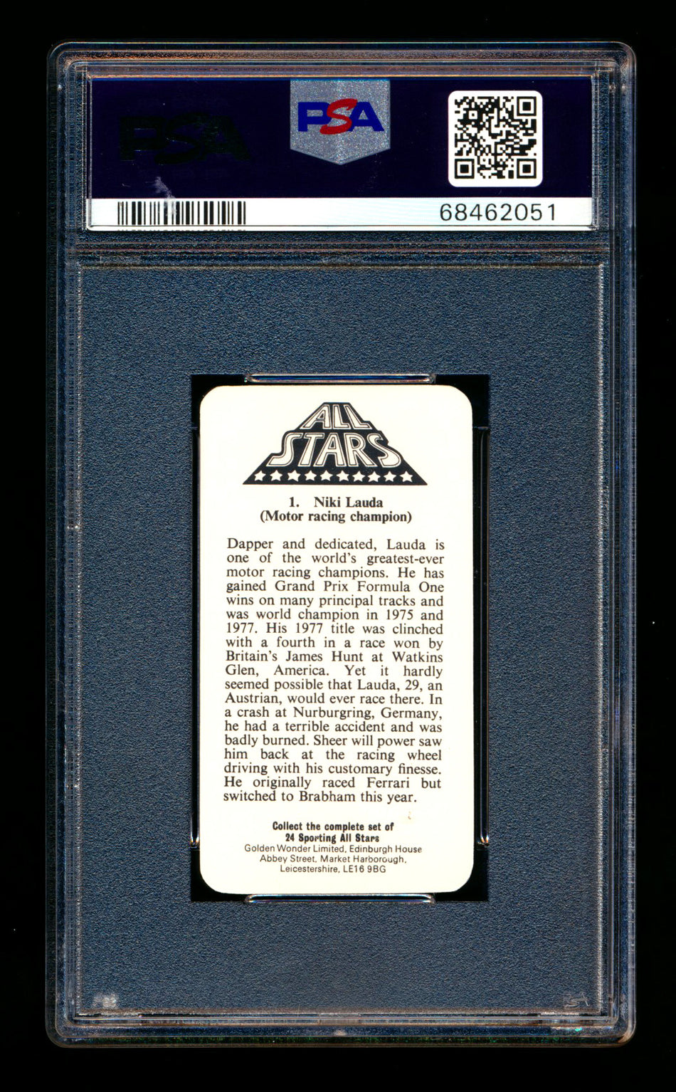 1979 Golden Wonder F1 #1 Niki Lauda Sporting All-Stars PSA 10 ** (SOLD Fanatics Fest - $70.00 - 6/20/2025) **