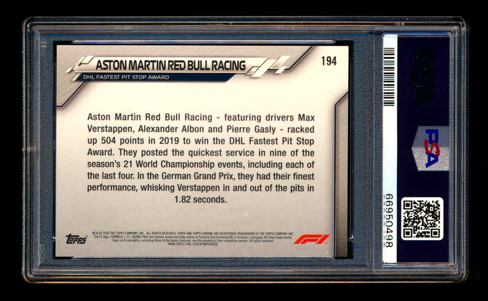 2020 Topps Chrome F1 #194 Aston Martin Red Bull RC 70th Anniversary Orange Refractor PSA 10