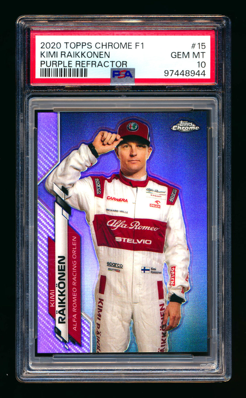 2020 Topps Chrome F1 #15 Kimi Raikkonen RC Purple Refractor Portrait #363/399 PSA 10 ** (SOLD eBay - $295.00 - 6/29/2025) **