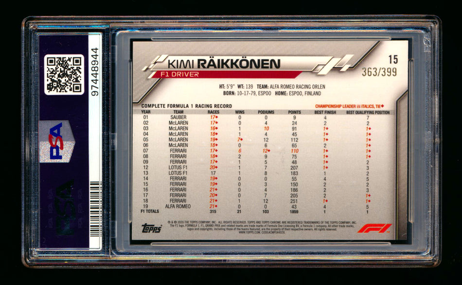 2020 Topps Chrome F1 #15 Kimi Raikkonen RC Purple Refractor Portrait #363/399 PSA 10 ** (SOLD eBay - $295.00 - 6/29/2025) **