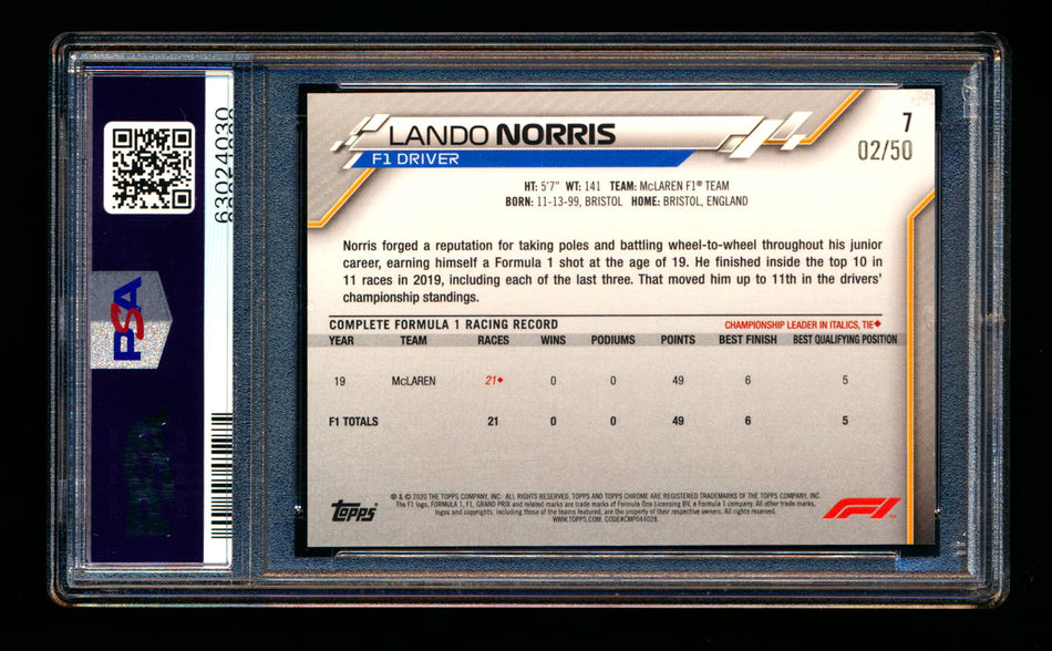 2020 Topps Chrome F1 #7 Lando Norris RC Gold Wave Refractor Portrait #02/50 PSA 8 ** (SOLD - $625.00 - 5/26/2025) **