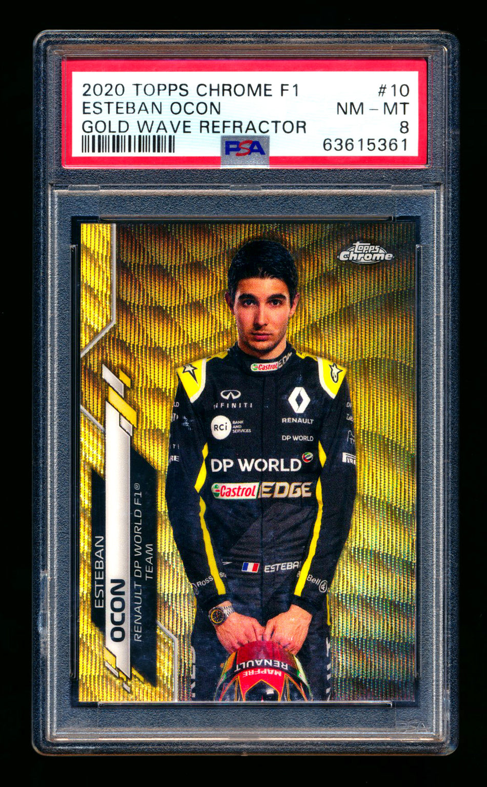 2020 Topps Chrome F1 #10 Esteban Ocon RC Gold Wave Refractor Portrait #43/50 PSA 8 ** (SOLD eBay - $95.00 - 7/28/2025) **