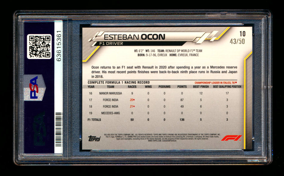 2020 Topps Chrome F1 #10 Esteban Ocon RC Gold Wave Refractor Portrait #43/50 PSA 8 ** (SOLD eBay - $95.00 - 7/28/2025) **