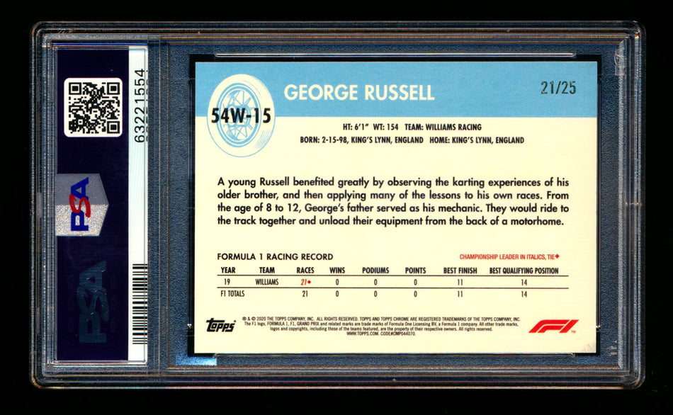 2020 Topps Chrome F1 1954 World on Wheels #54W-15 George Russell RC Orange Refractor #21/25 PSA 10