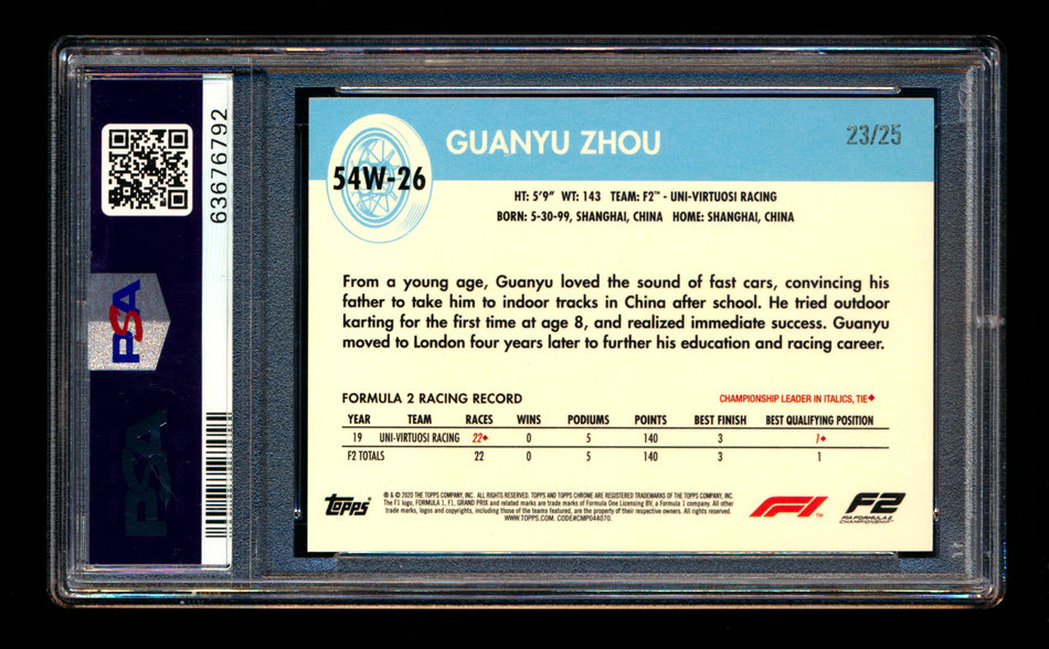 2020 Topps Chrome F1 1954 World on Wheels #54W-26 Guanyu Zhou RC Orange Refractor #23/25 PSA 10