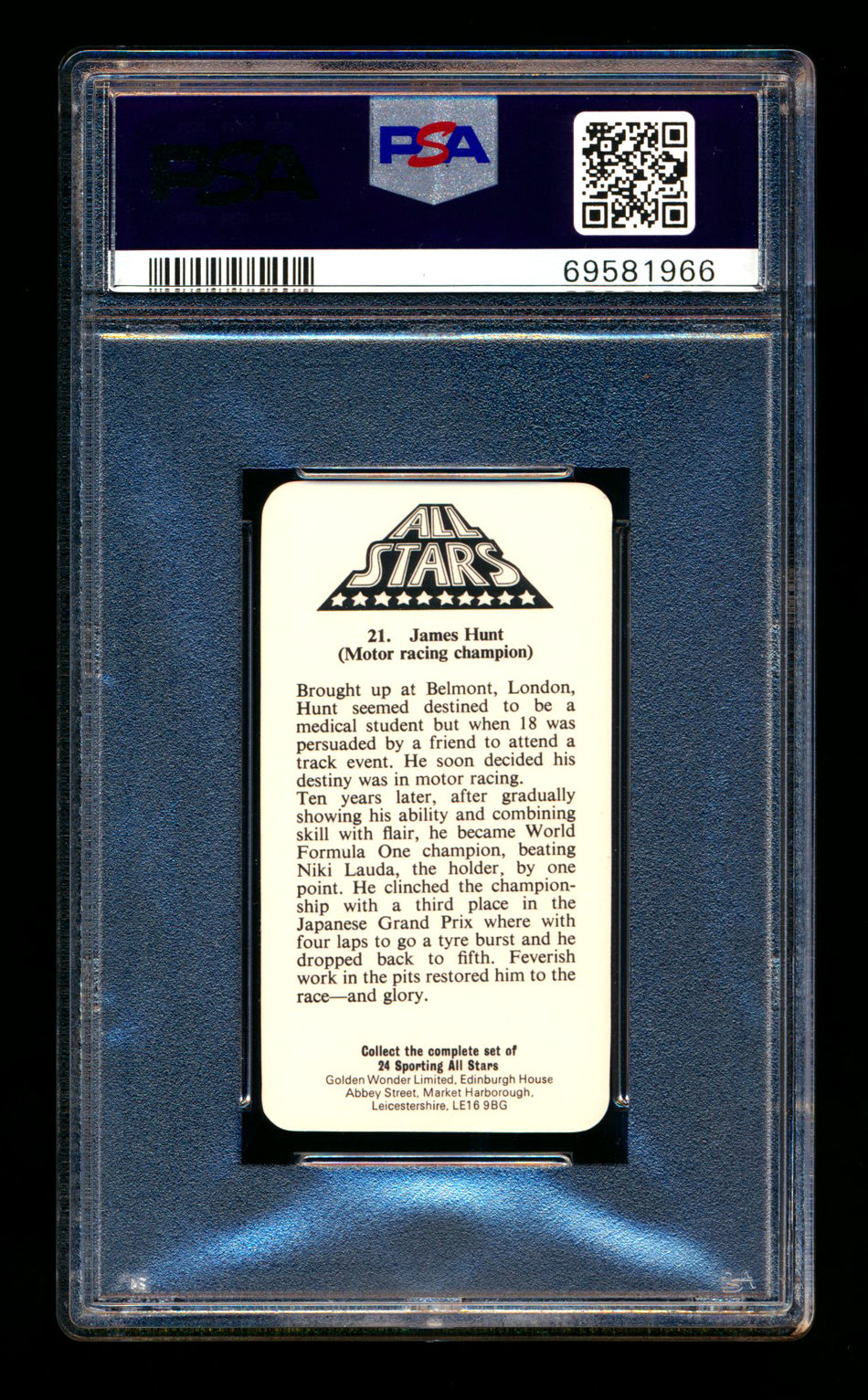 1979 Golden Wonder F1 #21 James Hunt RC Sporting All-Stars PSA 10 ** (SOLD Fanatics Fest - $70.00 - 6/20/2025) **
