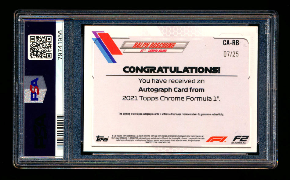 2021 Topps Chrome F1 #CA-RB Ralph Boschung RC Orange Refractor Autograph #07/25 PSA 10 DNA 10 ** (SOLD eBay - $149.00 - 4/10/2026) **