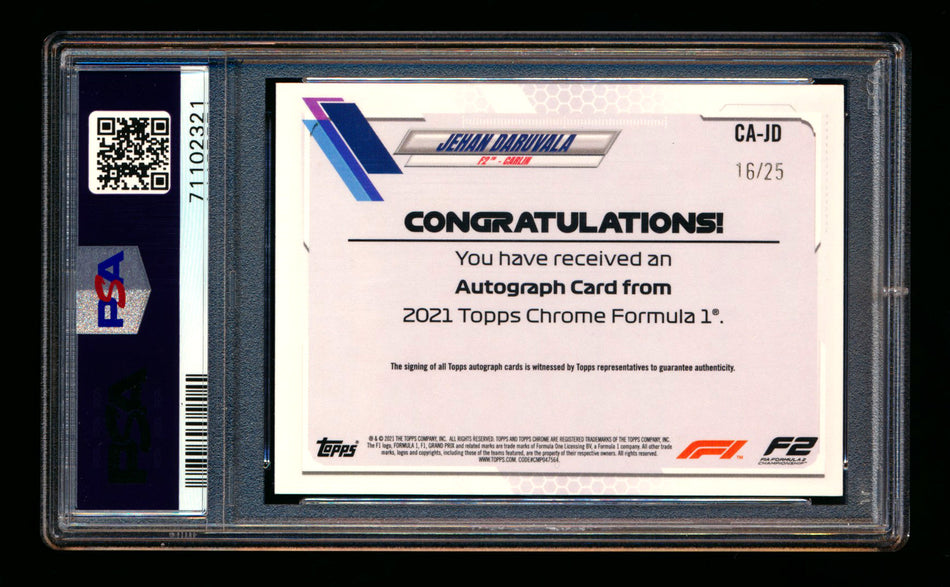 2021 Topps Chrome F1 #CA-JD Jehan Daruvala RC Orange Refractor Autograph #16/25 PSA 9