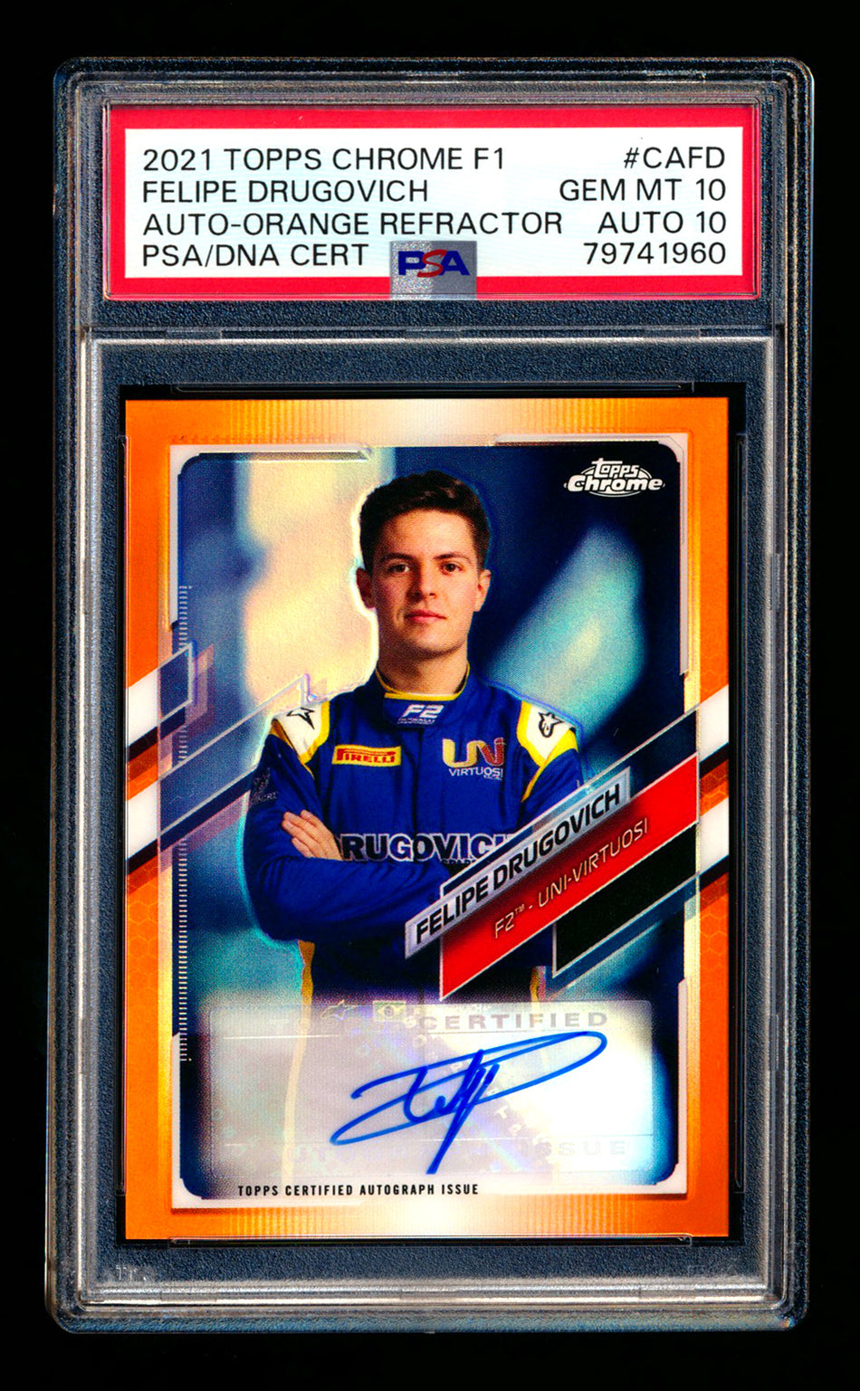 2021 Topps Chrome F1 #CA-FD Felipe Drugovich RC Orange Refractor Autograph #21/25 PSA 10 DNA 10 - POP 1!