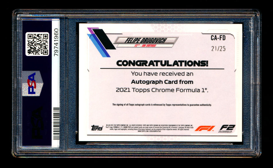 2021 Topps Chrome F1 #CA-FD Felipe Drugovich RC Orange Refractor Autograph #21/25 PSA 10 DNA 10 - POP 1!