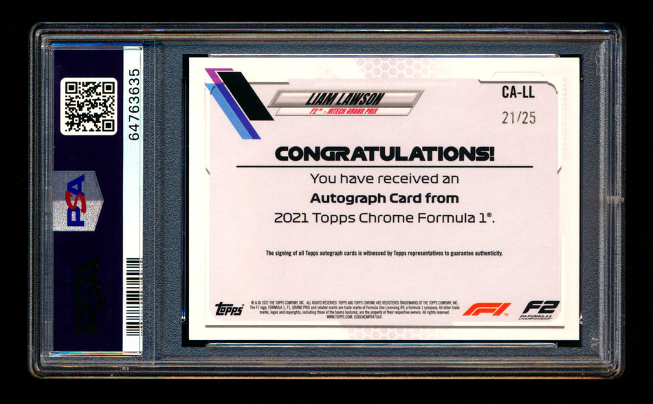 2021 Topps Chrome F1 #CA-LL Liam Lawson RC Orange Refractor Autograph #21/25 PSA 9 ** (SOLD eBay - $395.00 - 4/10/2026) **