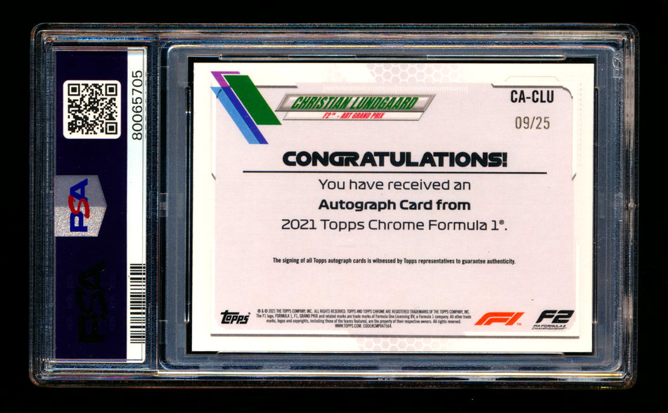 2021 Topps Chrome F1 #CA-CLU Christian Lundgaard RC Orange Refractor Autograph #09/25 PSA 10 DNA 10 - POP 1!