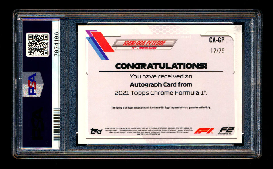 2021 Topps Chrome F1 #CA-GP Gianluca Petecof RC Orange Refractor Autograph #12/25 PSA 9 DNA 10