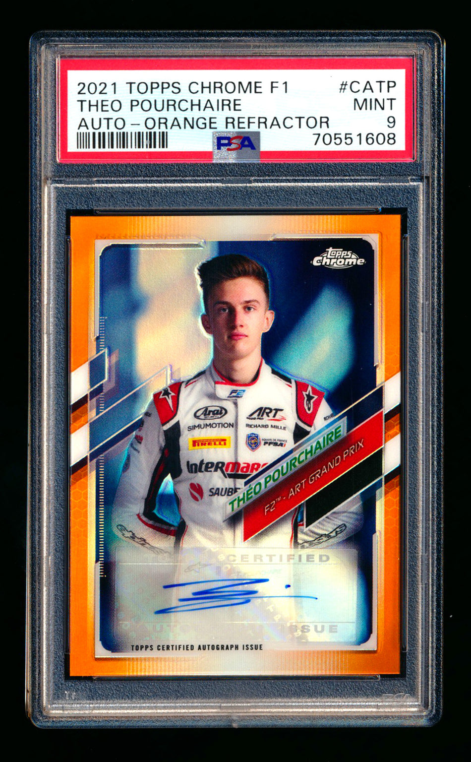 2021 Topps Chrome F1 #CA-TP Theo Pourchaire RC Orange Refractor Autograph #02/25 PSA 9