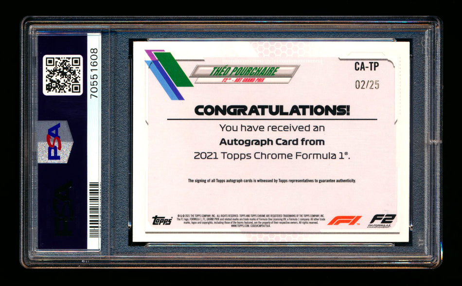 2021 Topps Chrome F1 #CA-TP Theo Pourchaire RC Orange Refractor Autograph #02/25 PSA 9