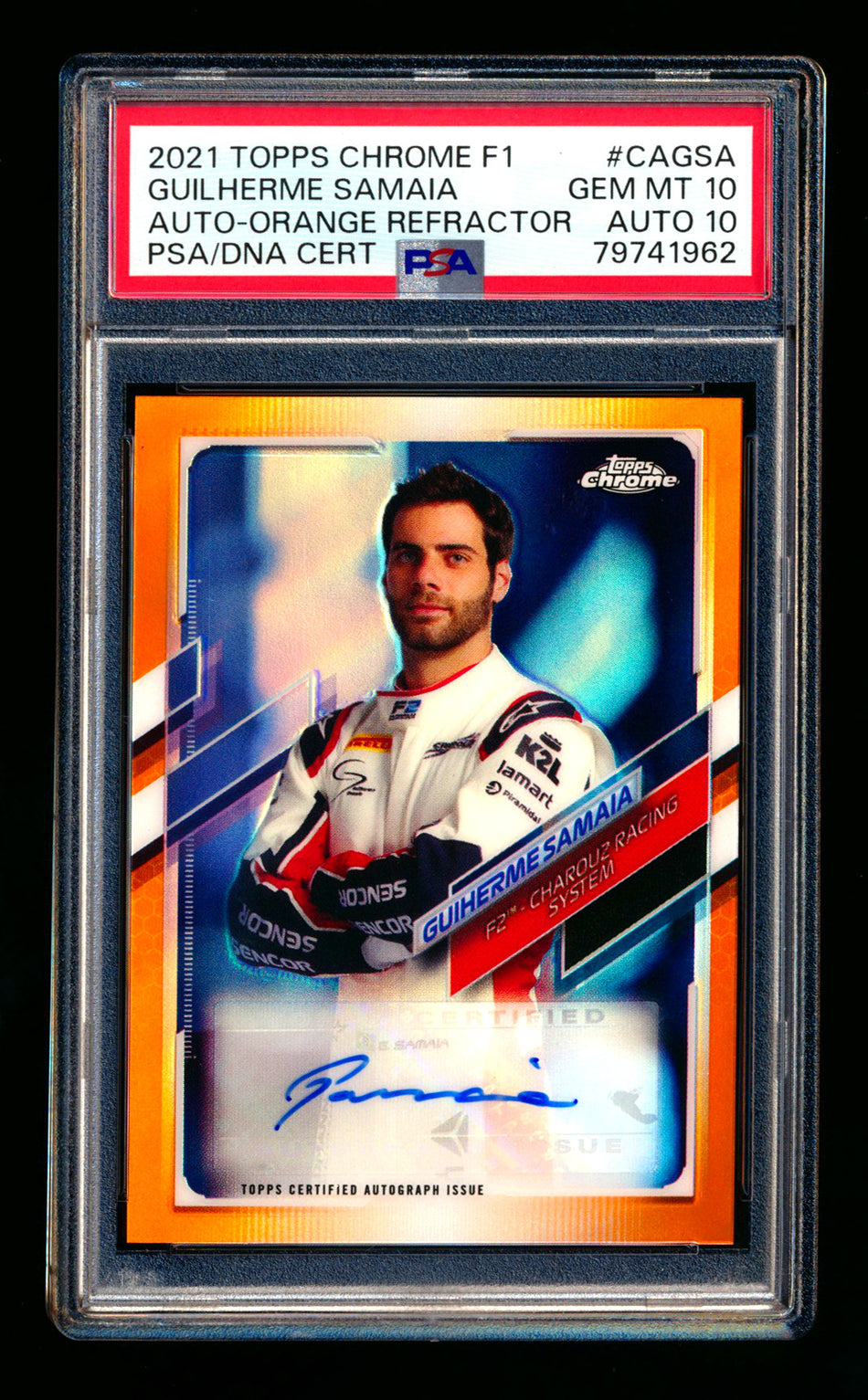 2021 Topps Chrome F1 #CA-GSA Guilherme Samaia RC Orange Refractor Autograph #16/25 PSA 10 DNA 10