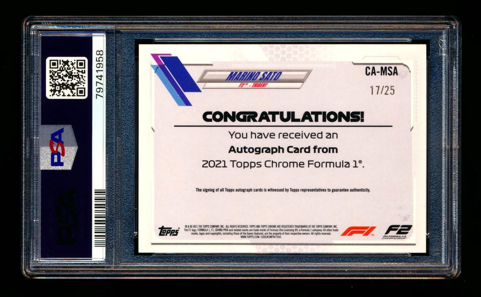 2021 Topps Chrome F1 #CA-MSA Marino Sato RC Orange Refractor Autograph #17/25 PSA 10 DNA 10
