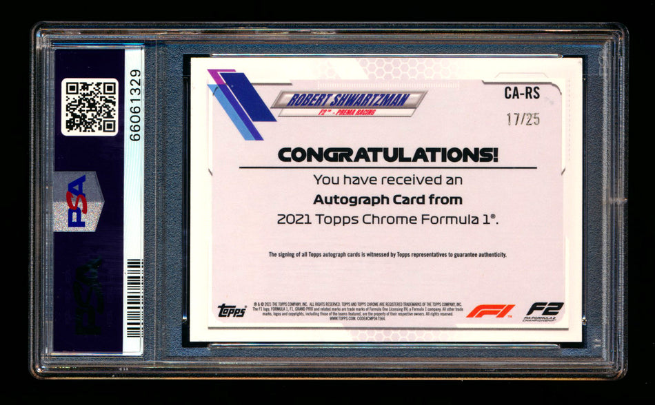 2021 Topps Chrome F1 #CA-RS Robert Shwartzman RC Orange Refractor Autograph #17/25 PSA 10 ** (SOLD eBay - $129.00 - 4/22/2026) **