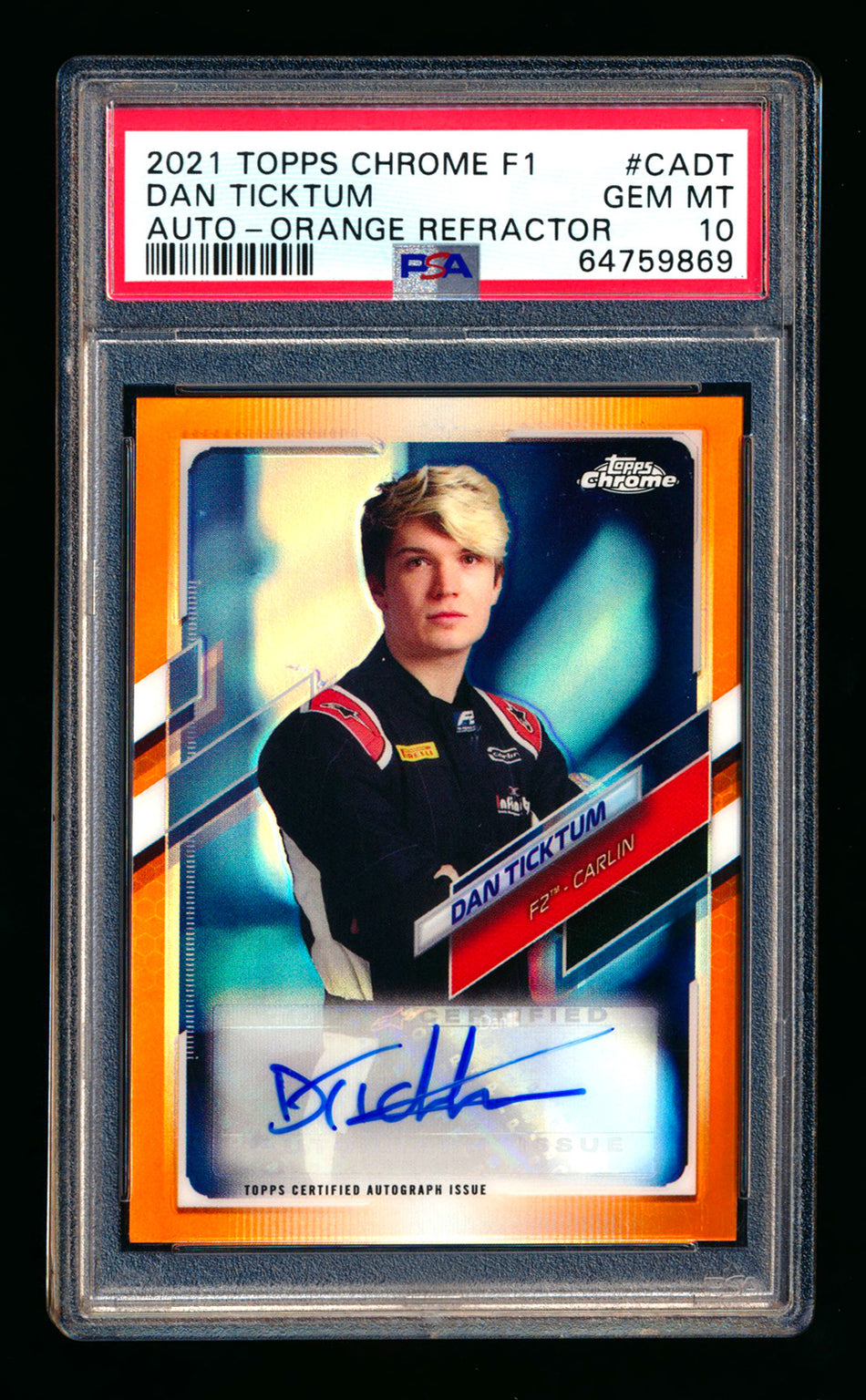 2021 Topps Chrome F1 #CA-DT Dan Ticktum RC Orange Refractor Autograph #20/25 PSA 10 - POP 1! ** (SOLD eBay - $95.00 - 4/10/2026) **