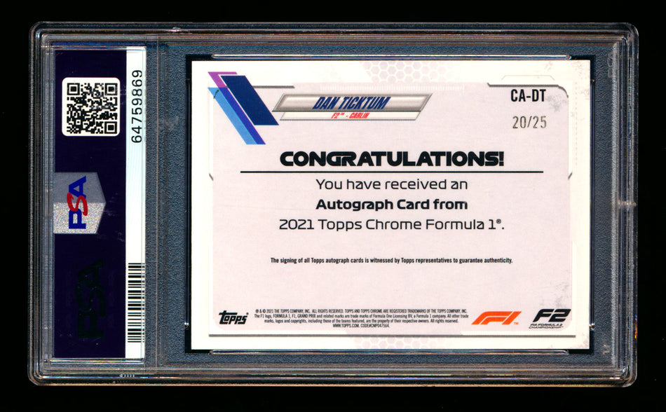 2021 Topps Chrome F1 #CA-DT Dan Ticktum RC Orange Refractor Autograph #20/25 PSA 10 - POP 1! ** (SOLD eBay - $95.00 - 4/10/2026) **