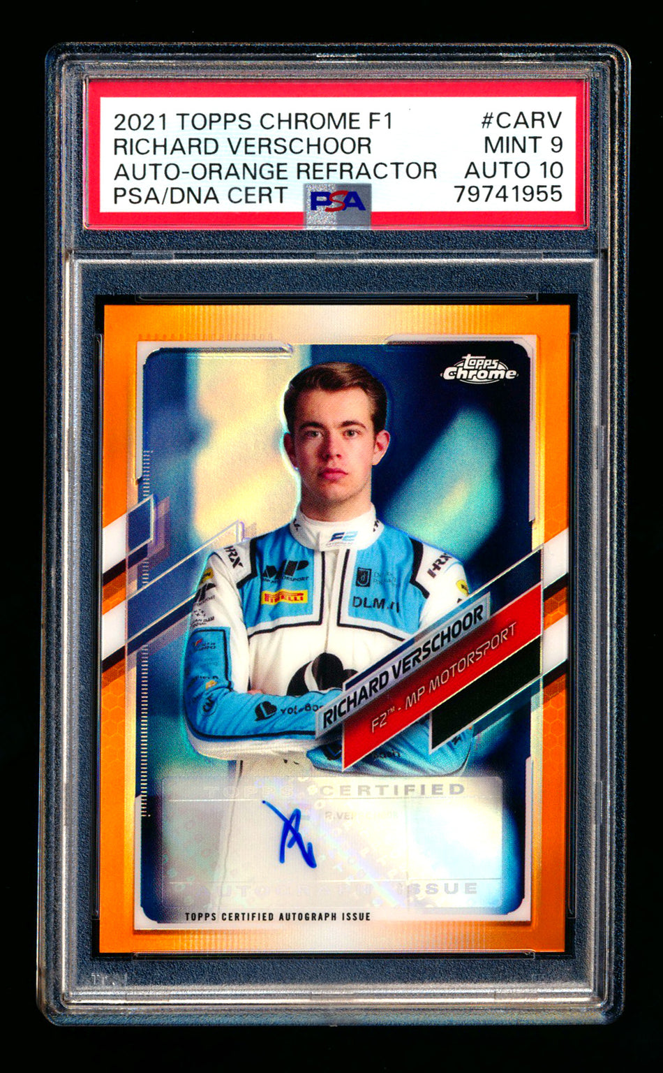 2021 Topps Chrome F1 #CA-RV Richard Verschoor RC Orange Refractor Autograph #05/25 PSA 9 DNA 10