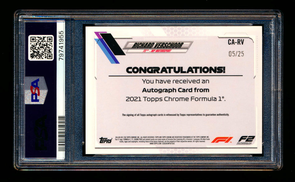 2021 Topps Chrome F1 #CA-RV Richard Verschoor RC Orange Refractor Autograph #05/25 PSA 9 DNA 10