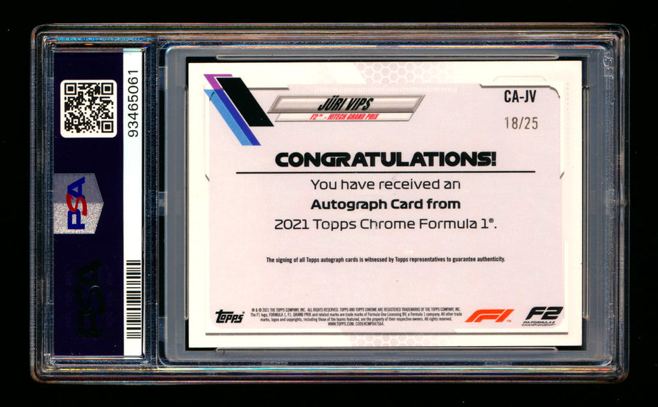 2021 Topps Chrome F1 #CA-JV Juri Vips RC Orange Refractor Autograph #18/25 PSA 9