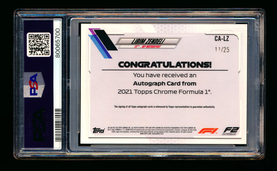 2021 Topps Chrome F1 #CA-LZ Lirim Zendeli RC Orange Refractor Autograph #11/25 PSA 9 DNA 9
