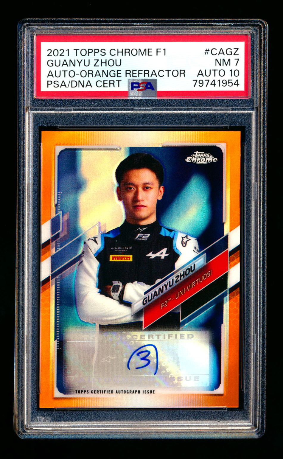 2021 Topps Chrome F1 #CA-GZ Guanyu Zhou RC Orange Refractor Autograph #07/25 PSA 7 DNA 10
