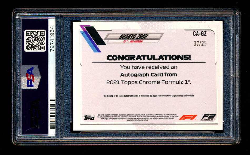 2021 Topps Chrome F1 #CA-GZ Guanyu Zhou RC Orange Refractor Autograph #07/25 PSA 7 DNA 10