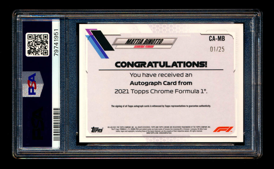 2021 Topps Chrome F1 #CA-MB Mattia Binotto Orange Refractor Autograph #01/25 PSA 10 DNA 10 (First #!) ** (SOLD eBay - $195.00 - 4/10/2026) **