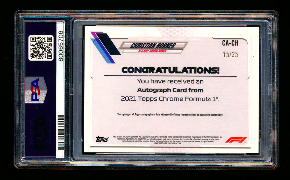 2021 Topps Chrome F1 #CA-CH Christian Horner Orange Refractor Autograph #15/25 PSA 9 DNA 10