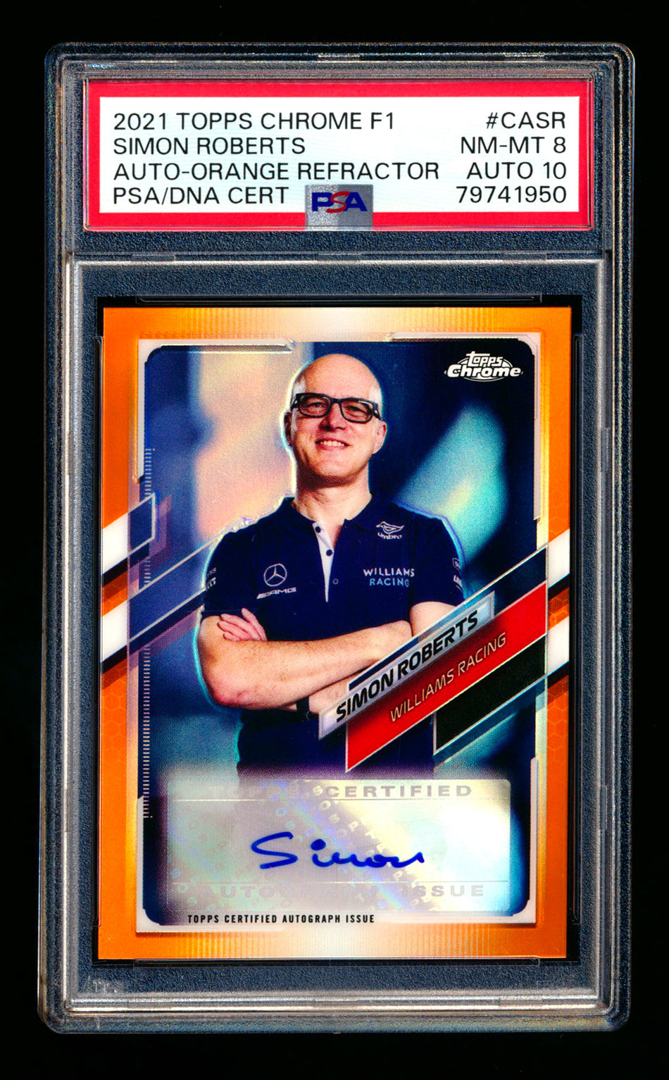 2021 Topps Chrome F1 #CA-SR Simon Roberts Orange Refractor Autograph #23/25 PSA 8 DNA 10