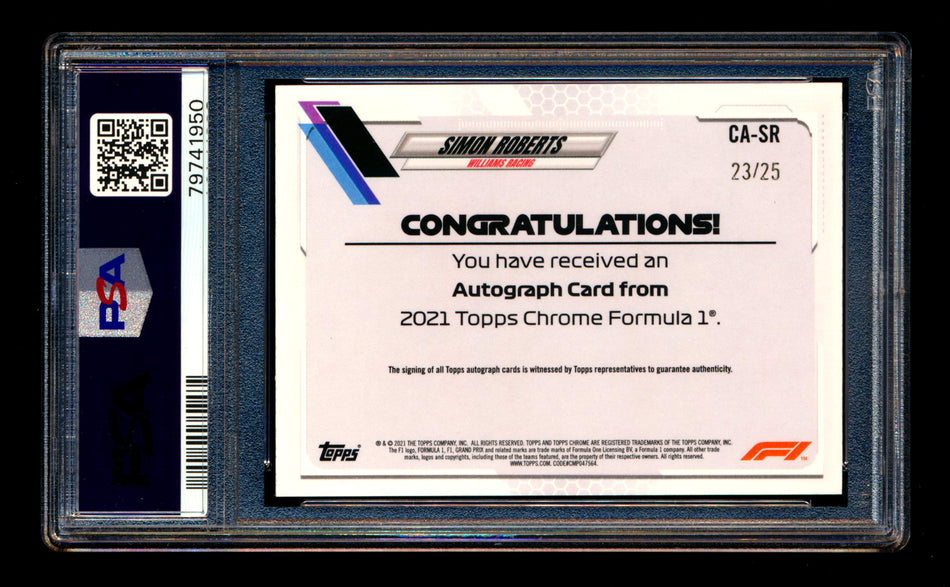 2021 Topps Chrome F1 #CA-SR Simon Roberts Orange Refractor Autograph #23/25 PSA 8 DNA 10