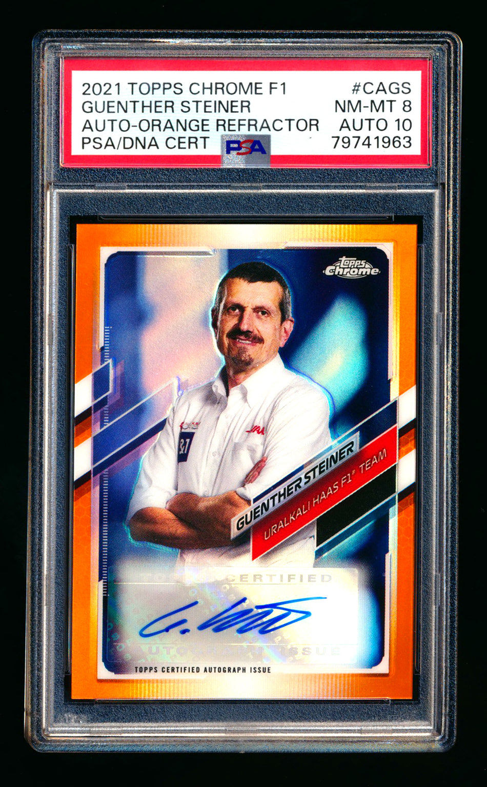 2021 Topps Chrome F1 #CA-GS Guenther Steiner Orange Refractor Autograph #14/25 PSA 8 DNA 10 ** (SOLD eBay - $95.00 - 4/5/2026) **