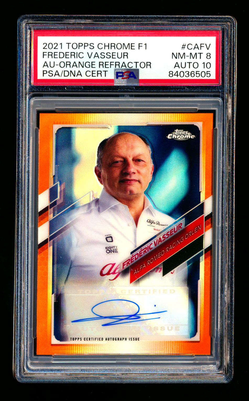 2021 Topps Chrome F1 #CA-FV Frederic Vasseur Orange Refractor Autograph #15/25 PSA 8 DNA 10