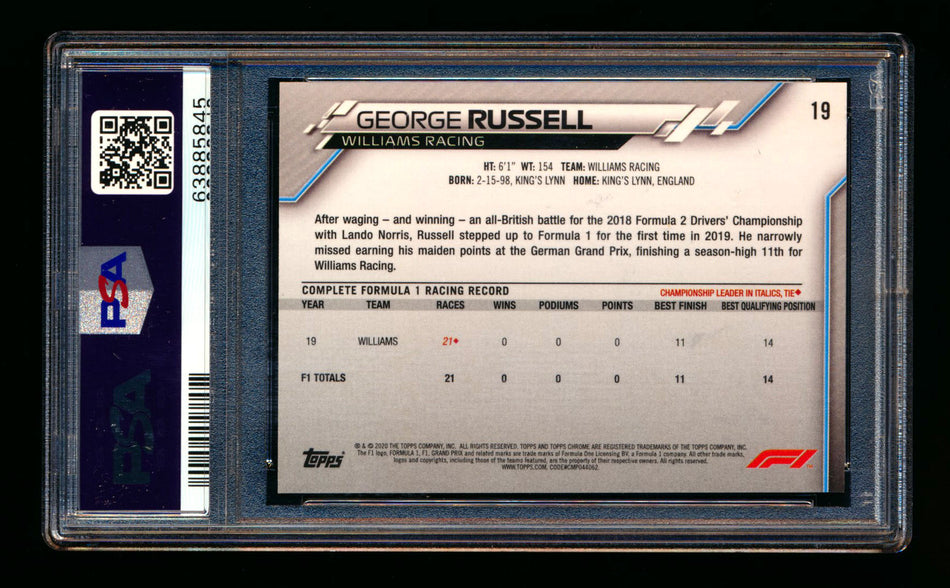 2020 Topps Chrome F1 #19 George Russell RC Refractor Image Variation SP PSA 10
