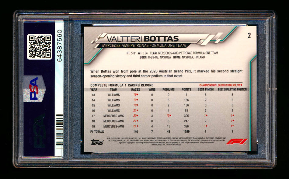 2020 Topps Chrome F1 #2 Valtteri Bottas RC Refractor Image Variation SP PSA 10 ** (SOLD WCCS - $190.00 - 8/23/2025) **