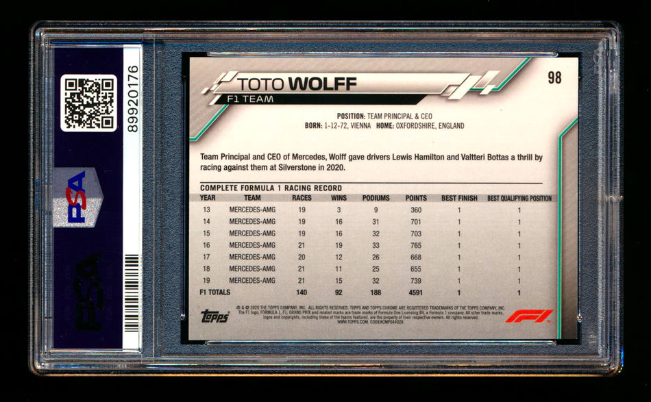 2020 Topps Chrome F1 #98 Toto Wolff RC 70th Anniversary Red Refractor PSA 9 ** (SOLD Nationals - $350.00 - 8/3/2025) **
